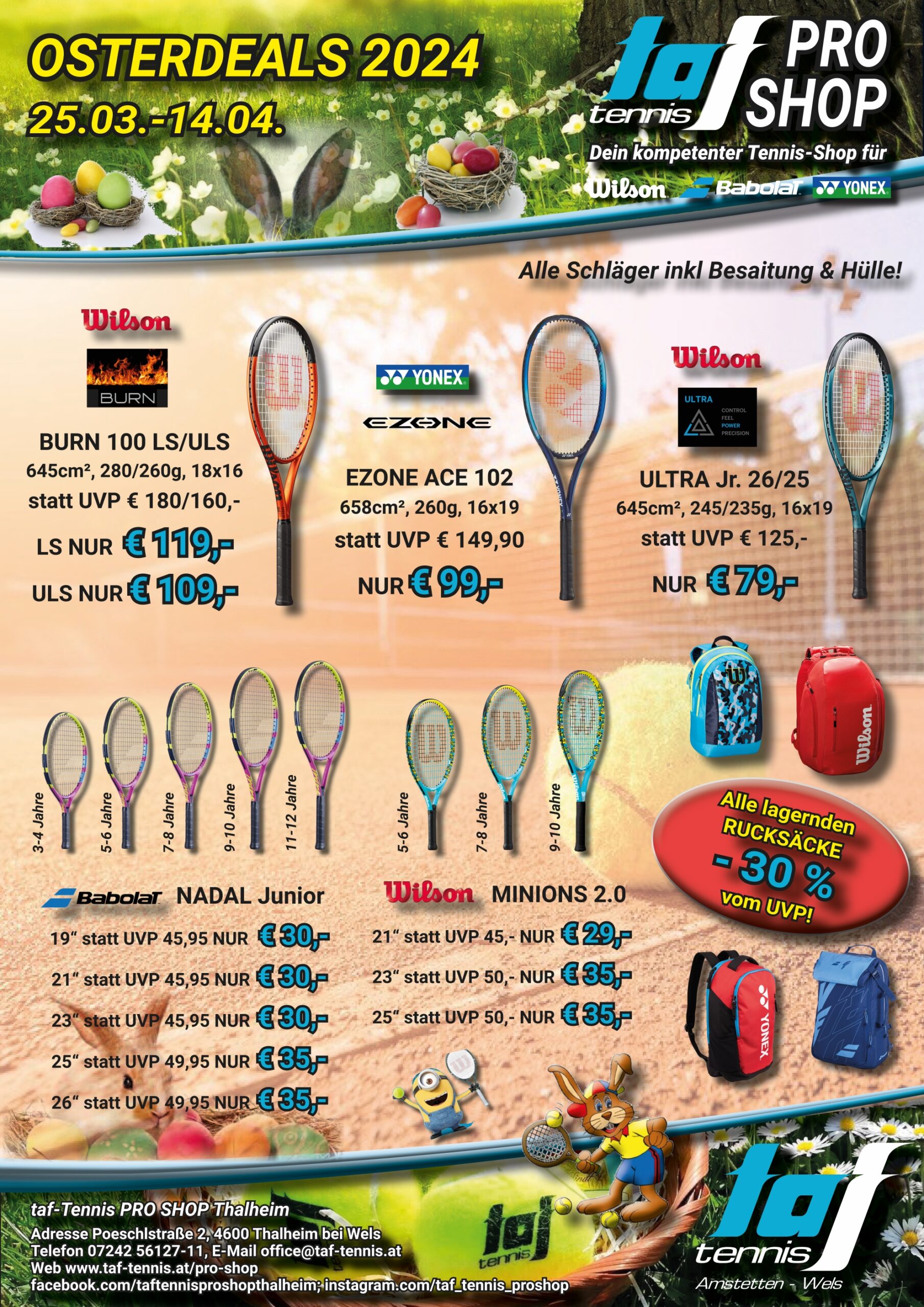 Wochenangebote mit Tennischläger & Taschen sowie dazugehöriger Beschreibung und Preisen
