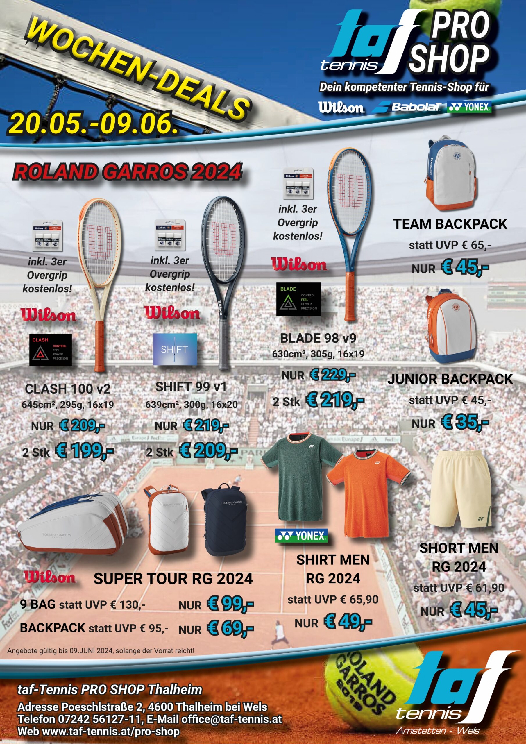 Wochenangebote mit Tennischläger & Taschen sowie dazugehöriger Beschreibung und Preisen